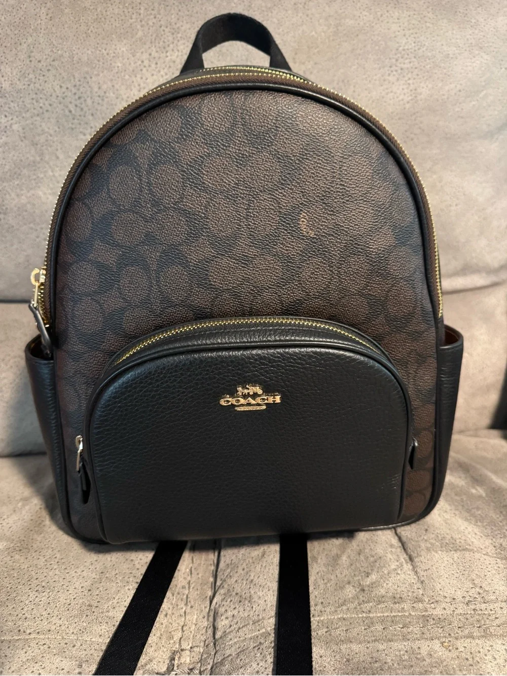 Coach Brown Signature Canvas Mini Backpack with Black Leather Trim